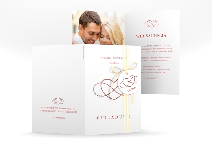 Einladungskarte Hochzeit Infinity A6 Klappkarte hoch rot rosegold