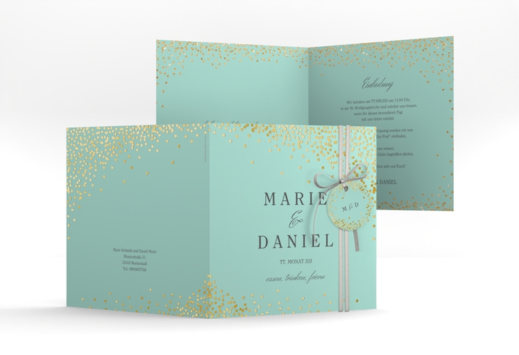 Hochzeitseinladung Glitter quadr. Klappkarte mint gold