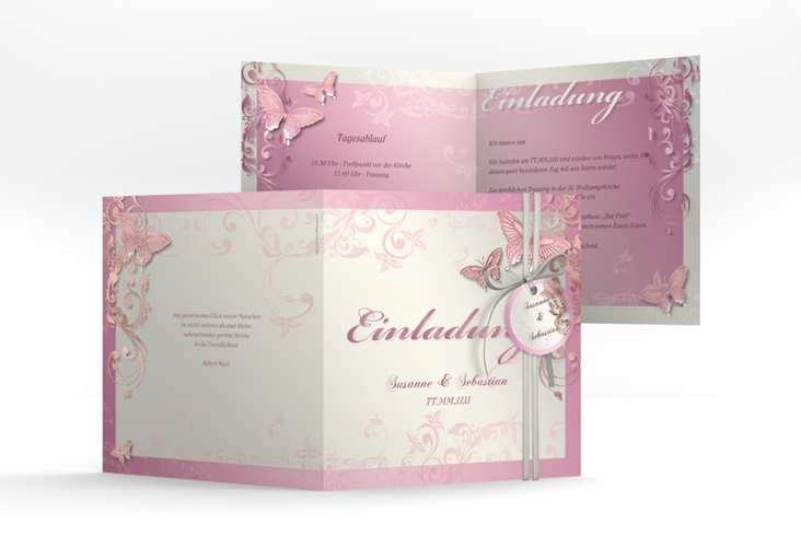 Hochzeitseinladung Toulouse quadr. Klappkarte rosa rosegold romantisch mit Schmetterlingen