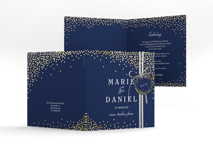 Hochzeitseinladung Glitter quadr. Klappkarte blau gold