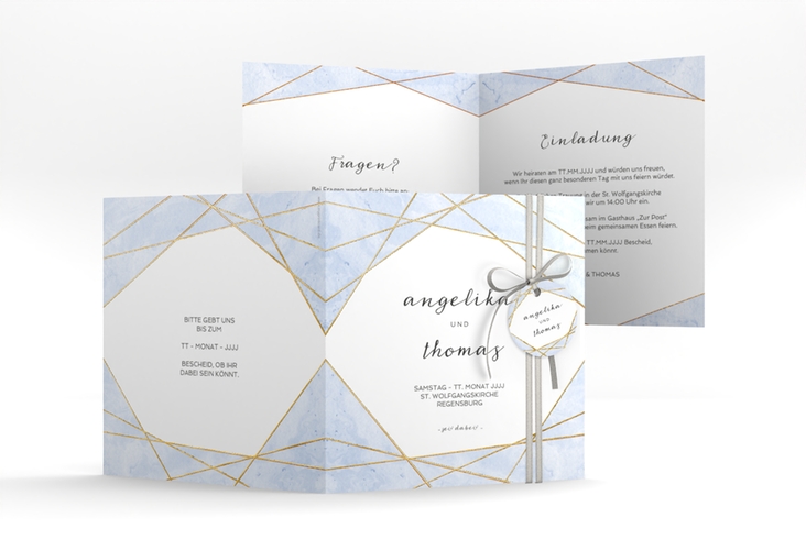 Hochzeitseinladung Asymmetry quadr. Klappkarte blau gold