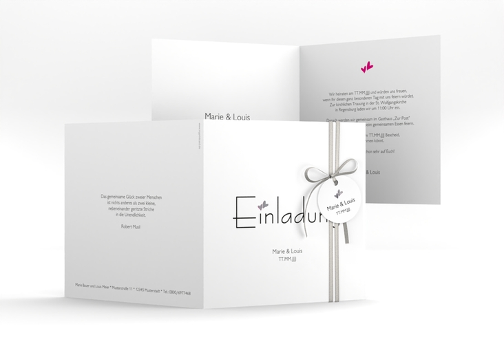 Hochzeitseinladung Twohearts quadr. Klappkarte pink silber