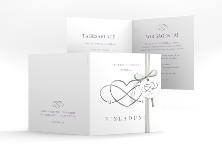 Hochzeitseinladung Infinity quadr. Klappkarte lila silber