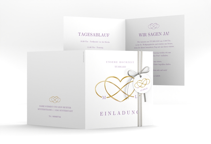 Hochzeitseinladung Infinity quadr. Klappkarte lila gold