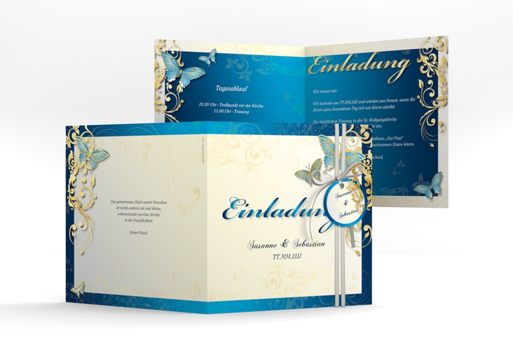 Hochzeitseinladung Toulouse quadr. Klappkarte blau gold romantisch mit Schmetterlingen