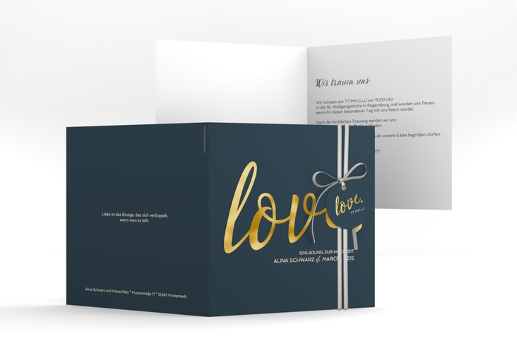 Hochzeitseinladung Glam quadr. Klappkarte blau gold