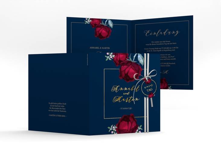 Hochzeitseinladung Peonies quadr. Klappkarte blau gold elegant mit Pfingstrosen