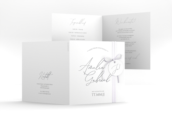 Hochzeitseinladung Federschrift quadr. Klappkarte weiss silber in schlichtem Design mit Kalligrafie