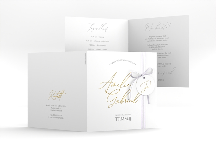 Hochzeitseinladung Federschrift quadr. Klappkarte weiss gold in schlichtem Design mit Kalligrafie