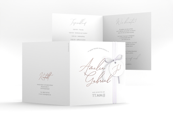 Hochzeitseinladung Federschrift quadr. Klappkarte weiss rosegold in schlichtem Design mit Kalligrafie