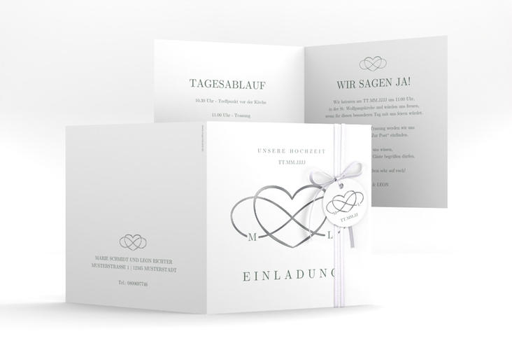 Hochzeitseinladung Infinity quadr. Klappkarte gruen silber