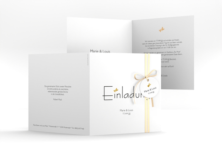 Hochzeitseinladung Twohearts quadr. Klappkarte beige gold