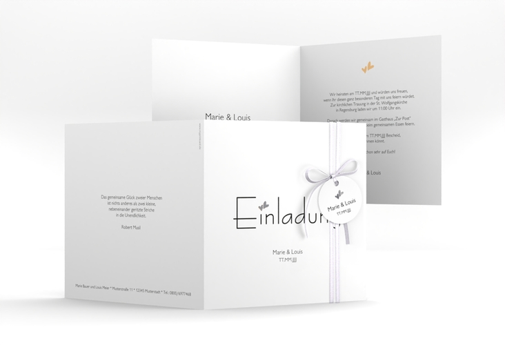Hochzeitseinladung Twohearts quadr. Klappkarte beige silber