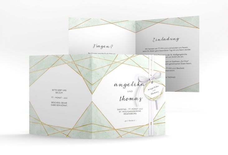 Hochzeitseinladung Asymmetry quadr. Klappkarte gruen gold