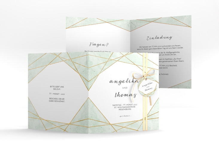 Hochzeitseinladung Asymmetry quadr. Klappkarte gruen gold
