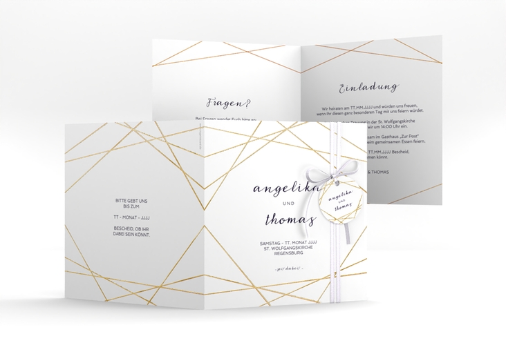 Hochzeitseinladung Asymmetry quadr. Klappkarte weiss gold