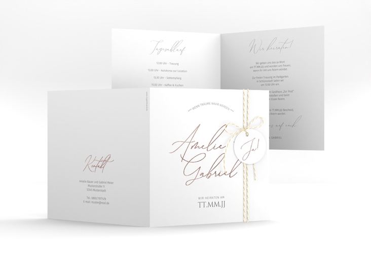 Hochzeitseinladung Federschrift quadr. Klappkarte weiss rosegold in schlichtem Design mit Kalligrafie