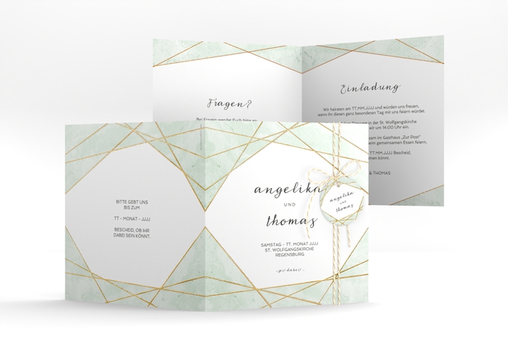 Hochzeitseinladung Asymmetry quadr. Klappkarte gruen gold
