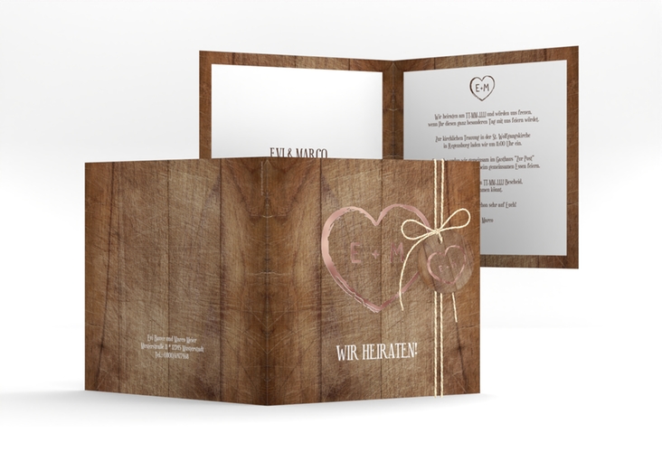Hochzeitseinladung Wood quadr. Klappkarte braun rosegold in Holz-Optik mit Herz und Initialen