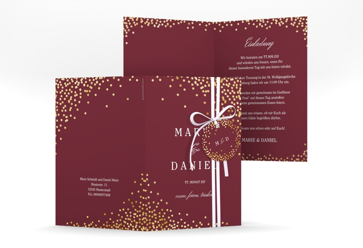Einladungskarte Hochzeit Glitter A6 Klappkarte hoch rot gold