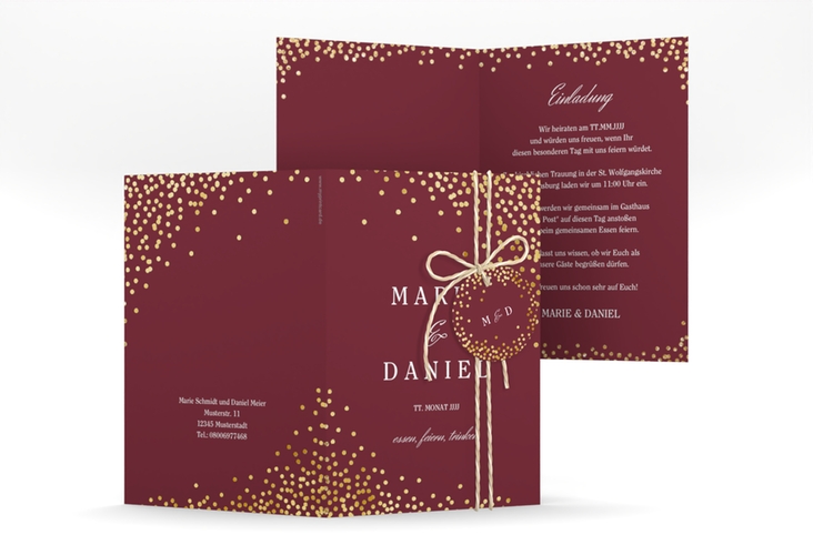 Einladungskarte Hochzeit Glitter A6 Klappkarte hoch rot gold