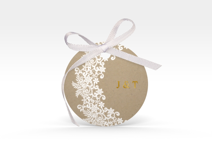 Geschenkanhänger Hochzeit Mariage Geschenkanhänger, rund Kraftpapier gold mit Bogen aus weißer Spitze