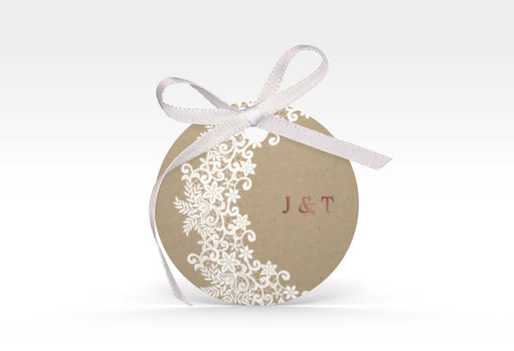 Geschenkanhänger Hochzeit Mariage Geschenkanhänger, rund Kraftpapier rosegold mit Bogen aus weißer Spitze