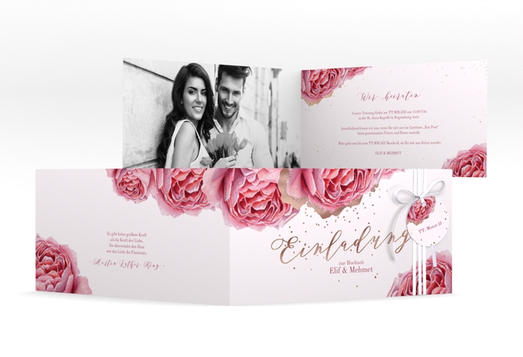 Hochzeitseinladung Cherie lange Klappkarte quer rosa rosegold