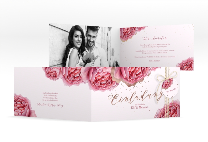 Hochzeitseinladung Cherie lange Klappkarte quer rosa rosegold