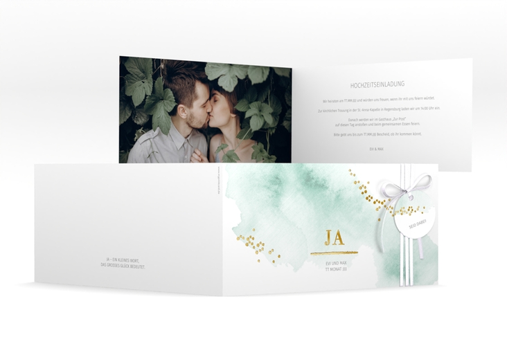 Hochzeitseinladung Pastell lange Klappkarte quer mint gold
