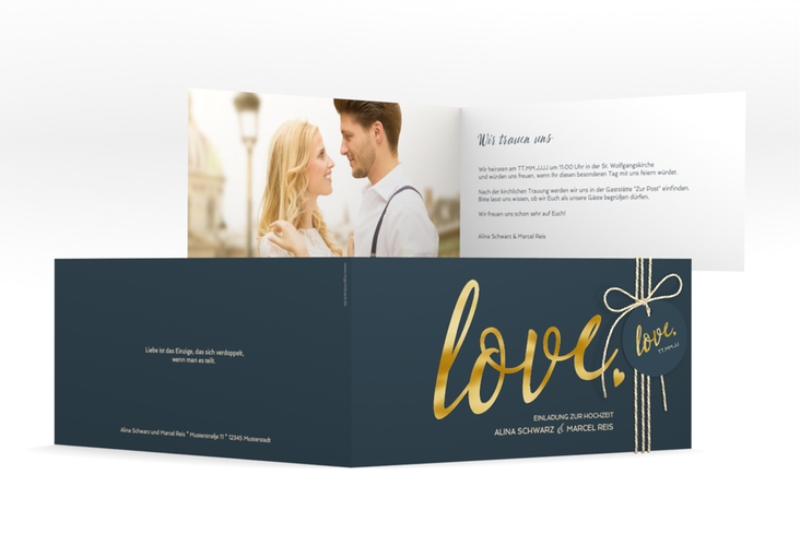 Hochzeitseinladung Glam lange Klappkarte quer blau gold