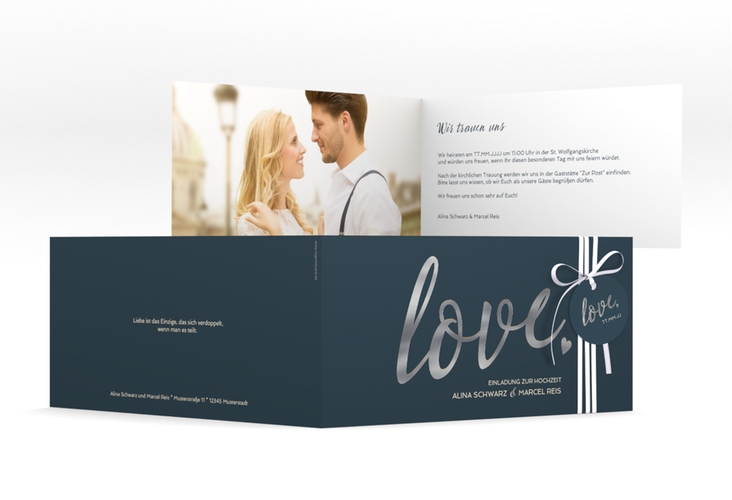 Hochzeitseinladung Glam lange Klappkarte quer blau silber