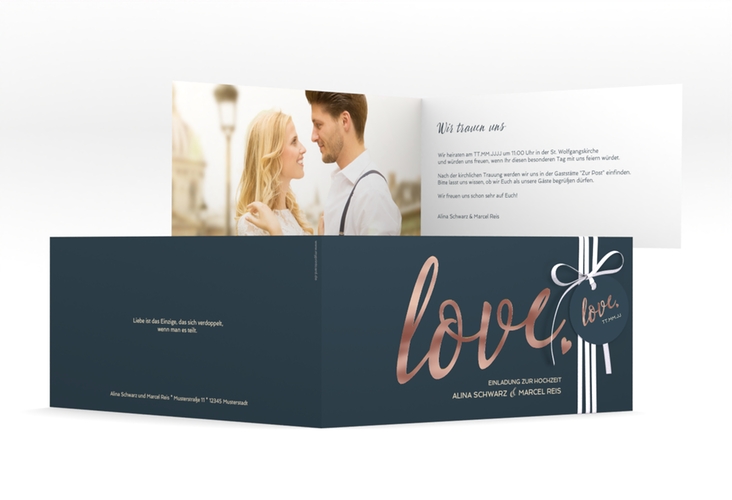 Hochzeitseinladung Glam lange Klappkarte quer blau rosegold