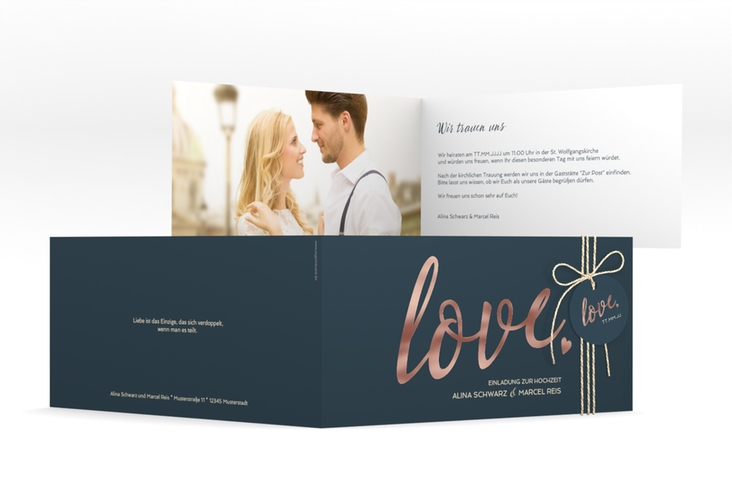 Hochzeitseinladung Glam lange Klappkarte quer blau rosegold