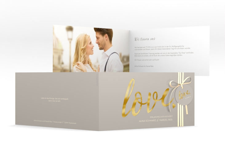 Hochzeitseinladung Glam lange Klappkarte quer grau gold
