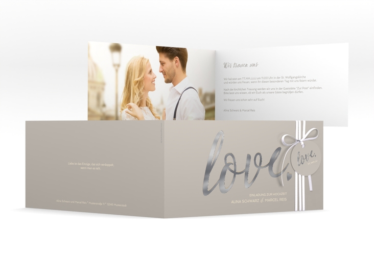 Hochzeitseinladung Glam lange Klappkarte quer grau silber