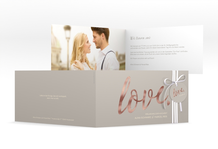 Hochzeitseinladung Glam lange Klappkarte quer grau rosegold