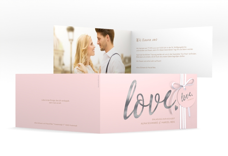 Hochzeitseinladung Glam lange Klappkarte quer rosa silber