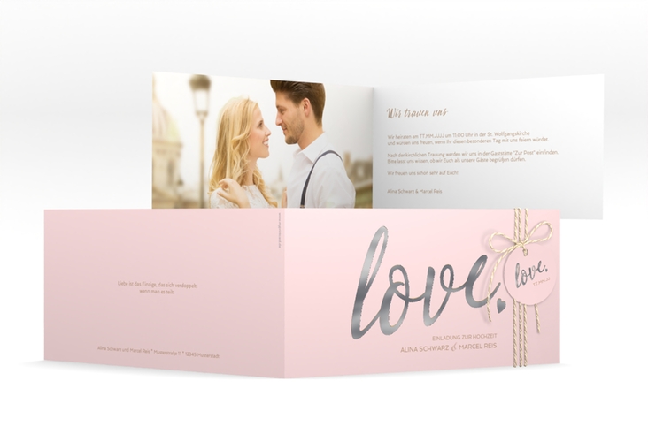 Hochzeitseinladung Glam lange Klappkarte quer rosa silber