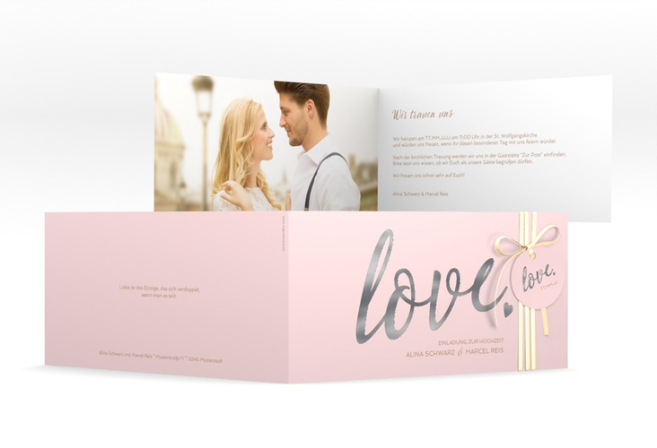 Hochzeitseinladung Glam lange Klappkarte quer rosa silber