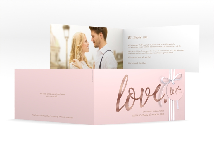 Hochzeitseinladung Glam lange Klappkarte quer rosa rosegold