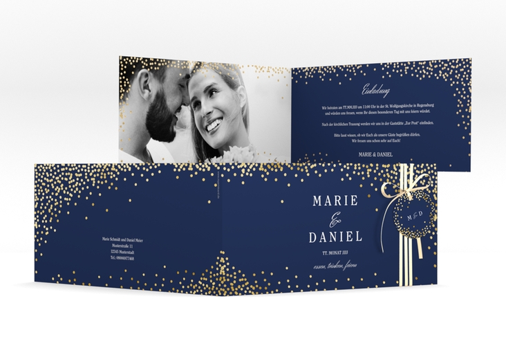 Hochzeitseinladung Glitter lange Klappkarte quer blau gold