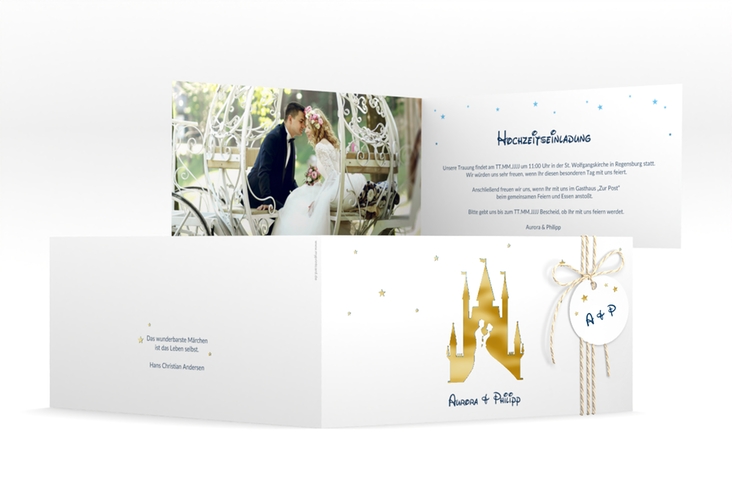 Hochzeitseinladung Castle lange Klappkarte quer blau gold