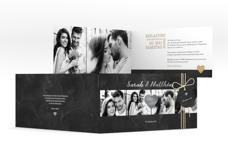 Hochzeitseinladung Sparkly lange Klappkarte quer gold silber