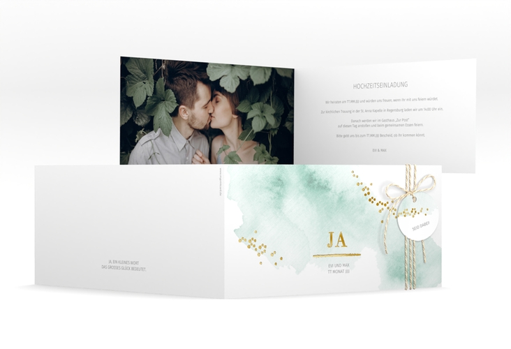 Hochzeitseinladung Pastell lange Klappkarte quer mint gold