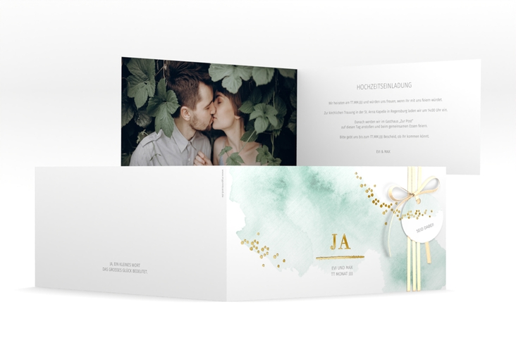 Hochzeitseinladung Pastell lange Klappkarte quer mint gold