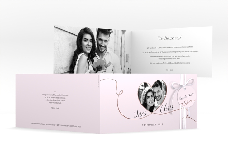 Hochzeitseinladung Dolce lange Klappkarte quer rosa rosegold