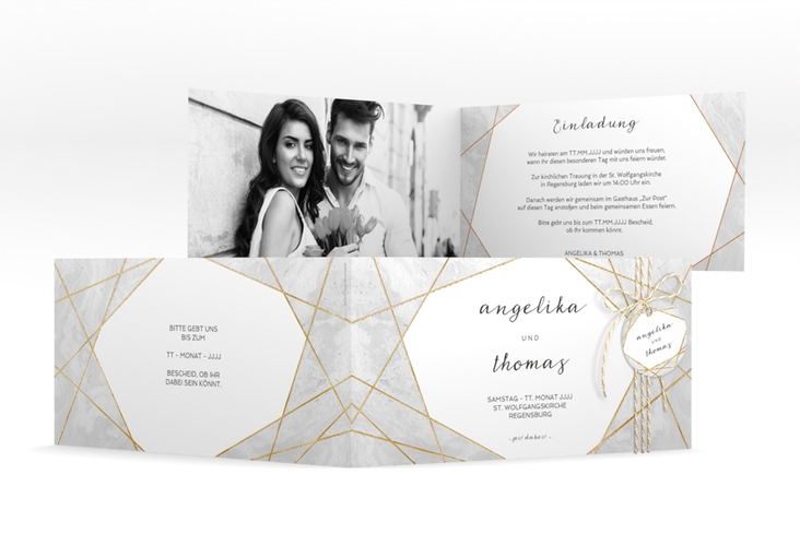 Hochzeitseinladung Asymmetry lange Klappkarte quer grau gold