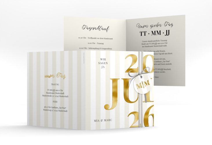 Hochzeitseinladung Streifen quadr. Klappkarte beige gold