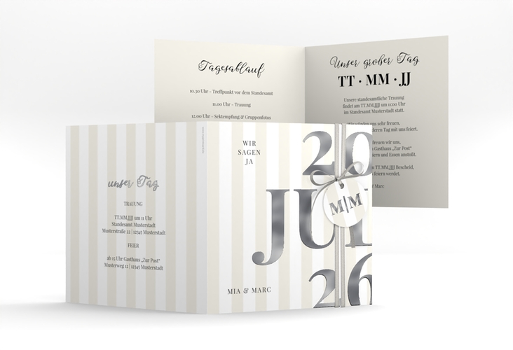 Hochzeitseinladung Streifen quadr. Klappkarte beige silber